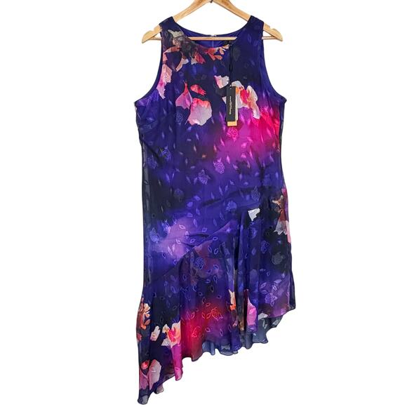 NEW DONNA KARAN 14 Sleeveless Asymmetrical Purple Floral Midi Women's Dress - Picture 1 of 14